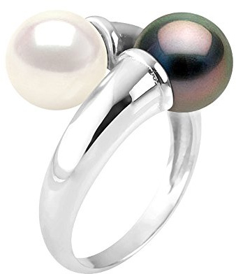 PEARLS & COLORS® - Bague TOI et MOI - Véritables Perles de Culture de Tahiti et d'Eau Douce Rondes 7-8 mm - Qualité AAA+ - Argent 925 Millièmes - Bijou Femme