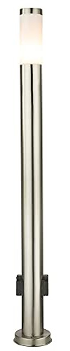 Außenleuchte stehend Edelstahl Stehleuchte mit Steckdosen Aussen Wegeleuchte Stehlampe mit Strom, silber opal, 1x E27, DxH 7,6x110 cm