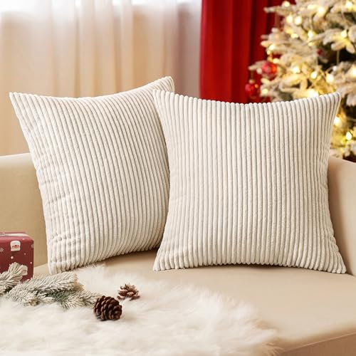 EMEMA Kissenbezug 45x45 cm Weihnachten Kordsamt Kissenbezüge Dekokissen Sofakissen Cord Kissenhülle Zierkissenbezug Kord Dekorative Weiche für Sofa Wohnzimmer Schlafzimmer 2er Set Beige