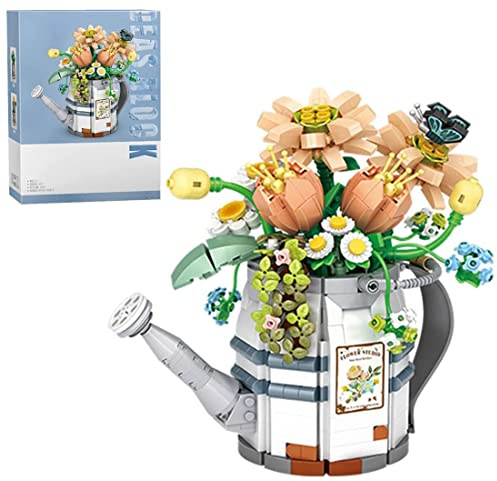 AKOGD Flower Bouquet with Watering Can Pot Building Blocks, 928Pcs Artificial Flower Plants Building Kit, Mini Botanical Collection Building Construction Kit