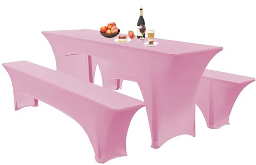 Elastische Hussen Für Bierzeltgarnitur Biertischhussen Bierbank-Auflage & Tischdecke 50 cm Oder 70 cm Tischbreite, 3 TLG Set Stretch Hussen Für Festzeltgarnituren Bierbank (50cm,Pink)