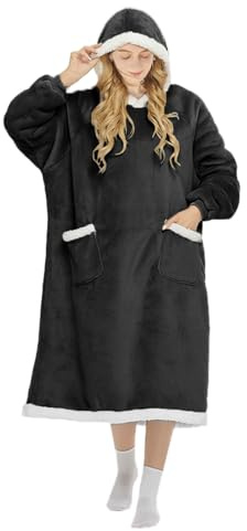 FEELJAM Decke mit Ärmeln und Kapuze Hoodie Decke Erwachsene Ärmeldecke Weich Warm Kuscheldecke mit Ärmeln (Schwarz, 150 lang)