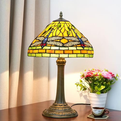 BOTOWI 12 Zoll Tiffany Lampe Buntglas Libelle Tischlampe Nachttisch Lesen Schreibtisch Licht Lotusblume Nachtlampe antike Kunst Handwerk Geschenke Lover Kid Wohnzimmer Schlafzimmer Studie,Gelb