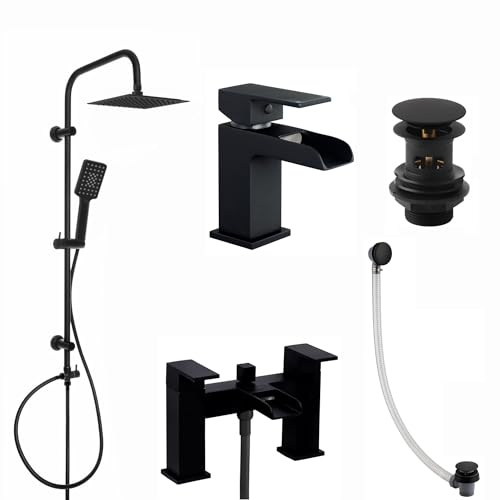 ENKI BBT0259 Plaza Basin and Bath Tap Pack, Matt Black, Matching Set | Ceramic Disc Valve, 10-Year Guarantee, Pop-Up Click Clack, Overflow, Modern Bathroom
