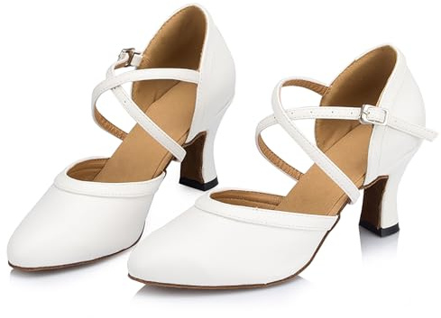 Chaussures de Danse Femme Blanches à Talons Chaussures de Mariée Salon Latine Tango Salsa (Talon 7cm pour Extérieur, Numeric_37)