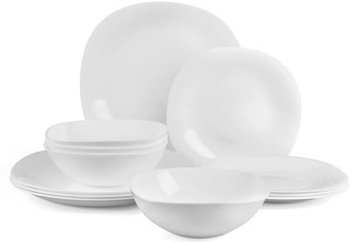 LaGlint Juego de Vajilla 12 Piezas Blanco, Cuadrado Vidrio Opalino Vajilla para 4 Personas con 4 Platos Llanos, 4 Platos de Postre y 4 Cuencos de Cereales, Aptos para Lavavajillas y Microondas