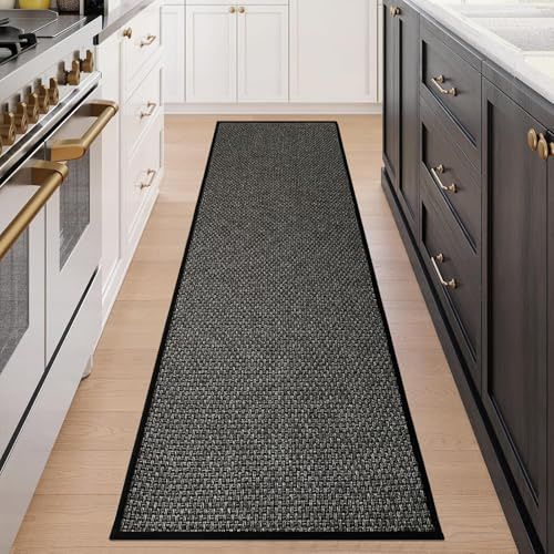 Cheerx Küchenteppich Waschbar rutschfest, Küchenläufer rutschfest, Geometrisches Strukturgeflecht Teppich Läufer Flur, Waschbare Teppiche für Küchen, Terrasse & Wohnraum, Schwarz, 43x180cm