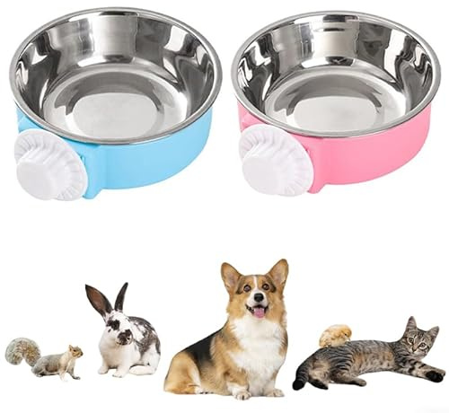 2Pcs Pet Crate Bowls, 2-in-1 Pet Hanging Bowls for Crates & Cages, Removable Stainless Steel Dog Water Food Bowls with Plastic, Non Spill for Puppy Small Dog Cat (Large)