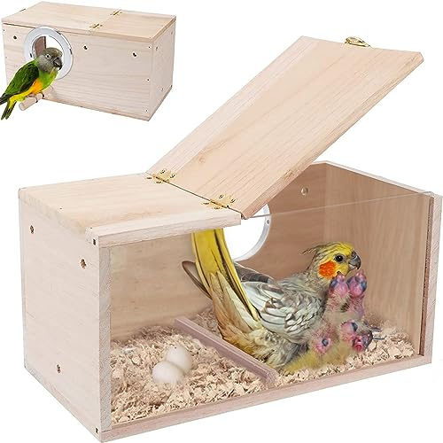 Boutihao Wellensittich Nistkasten, Vogelnest Brutkasten mit Sitzstange Holz, Vogelnistkasten Natürliche Holz Vogelnesthütte mit Transparenter Acrylplatte, Hölzerne Vogelzuchtbox(15 * 15 * 29.5cm)