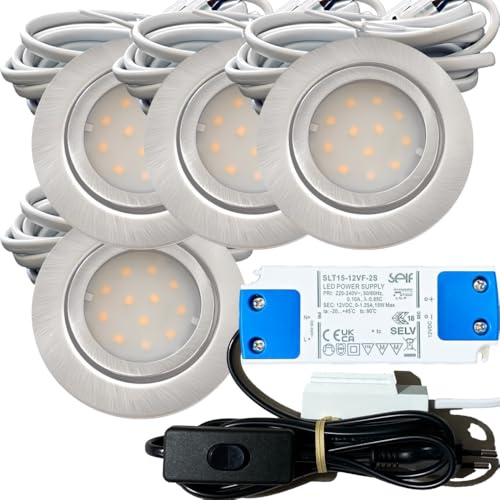 4er Set IP44 LED Einbauspots 12V, flach (22mm), 2,4W, 200lm, Edelstahl-Optik, mit Trafo, Verteiler, 230V-Kabel, Schnurschalter, Weiß (4000K), Ø=72mm, Loch 54-60mm. Ideal für Bad, Küche, Möbel usw.