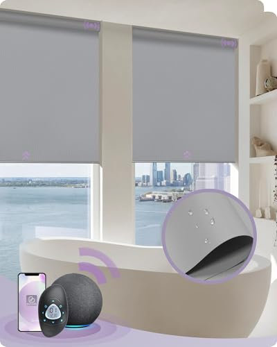 Graywind Elektrische Rollo Innen Kompatibel mit Alexa, Wasserdicht Smart Verdunklungsrollo nach Maß, Motorisierte Rollo mit Fernbedienung, Elektrische Jalousien, Hellgrau