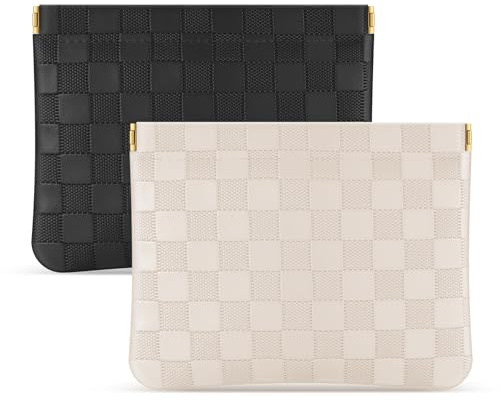 Sightor 2PCS Pocket Cosmetic Bag for Purse, Checkered Makeup Bag Portable Leather Cosmetic Bag for Women, Coin Purse Lipstick Cosmetic Accessories Organizer Travel Cosmetic Pouch (Black, Beige, L)