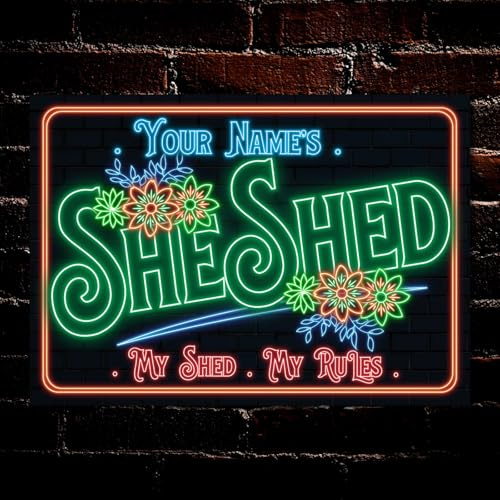 PERSONALISED She Shed Metal Plaque Garden Door Accessory Neon Effect Signs Wall Decor