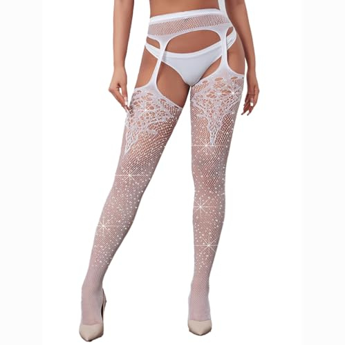 BrightGlow Damstrumpbyxor, strass, sexiga nätstrumpbyxor, glitter, strumpbyxor med strass, nätstrumpor med mönster, strumpbyxor, Ouvert, dam, nätstrumpbyxor för fester, Vit, one size