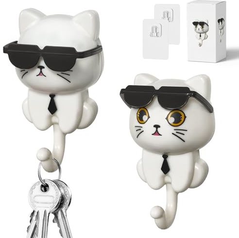 Minfuerang 2Pcs Sonnenbrille Katze Schlüsselhaken Wandhaken Selbstklebende | Schlüsselhalter Kreative,Garderobenhaken Kinder für Kleidung,Schmuck,Taschen