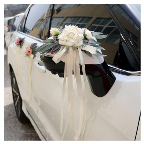 GreatRise 2 Stück Autoschleifen Hochzeit mit Saugnäpfen Autoschmuck Künstliche Blume Blätter Auto Schleifen Dekoration Schleifenband für Hochzeitsauto Rückspiegel Türgriff Hochzeitsdeko Creme