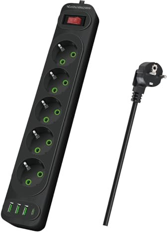 Anluomania Regleta Enchufe con Interruptor, Alargador Enchufe con 5 Tomas y 4 Puertos de USB(3 USB A+1 Type-C), 2 Metros, 2500W, para el Hogar, Oficina y Viajes