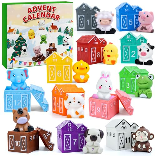 Calendario dell'Avvento 2025 con Animali, Giocattoli per Bambini da 1 a 3 Anni, Regali di Natale, Marionette da Dito, Scatola da 12, Case e Animali, Giocattoli Montessori per la Scuola Materna