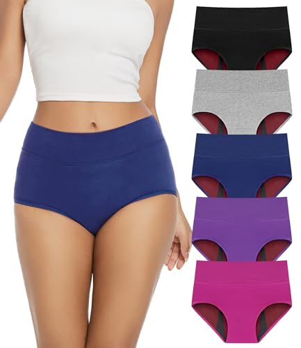 Bobelle Wear Incontinence Pants Women, 100ml Absorbency Heavy Flow Period Underwear, Washable Reusable Menstrual Briefs, High Waisted Bladder Leak Cotton Knickers 5 Pack (Multicolor01, 2XL)