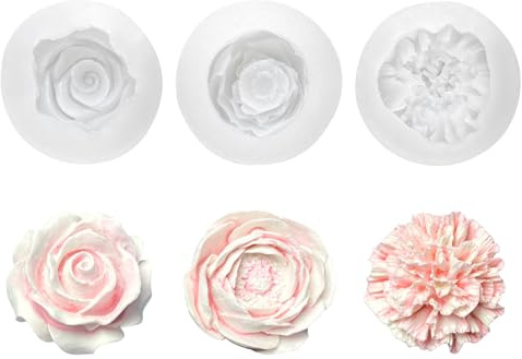Moule Silicone Bougie Fleur, 3Pcs Moule Bougie Roses Œillet Pivoine Moules Silicone Bougies Fleur Moules Savon pour Fabrication de Savon Bougies Gâteaux Pâtisserie Dessert DIY