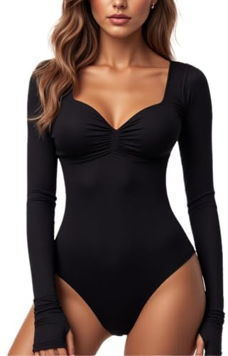 AOWVUTS Body Femme Manches Longue Sexy Col En V Bodysuit Basique Top Slim Fit Jumpsuit Stretch Justaucorp Élégant Chic Haut Shirt Blouses Chemisiers Couleur Unie Combinaison Combishort Casual Playsuit