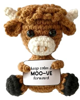 Pavilion Gift Company - Highland Cow - Mini Crochet Figure Encouragement Inspiration Cow Farm Animal Home Desk Work Decor
