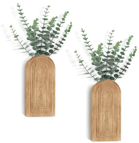 Dahey Wood Wall Planter Vase with Artificial Eucalyptus, 2 Pack Hanging Planter for Indoor Fake Plants Modern Boho Farmhouse Wall Art Decor for Bathroom Bedroom Kitchen Office Home Decoration, Natural