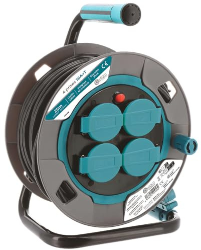 Carrete de 25 metros – Guía de cable – 4 tomas con válvula – Sección 3G1,5mm2 – IP44 – Asa