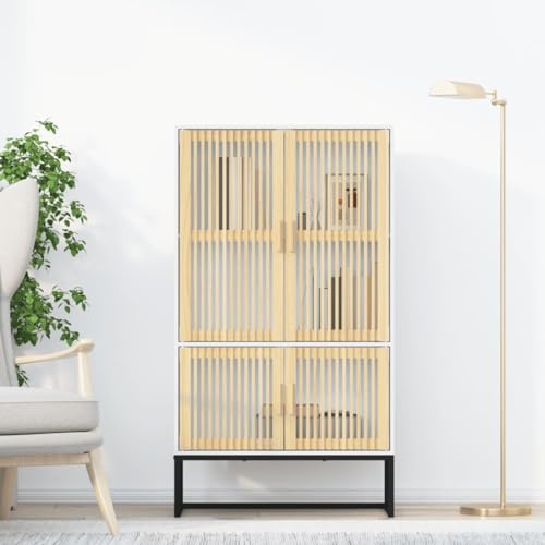 Aparador Alto de Madera ContraChapada con Puertas de Pino Macizo, Armario de Almacenamiento Elegante con Patas de Hierro Estables, Diseño Escandinavo Atemporal