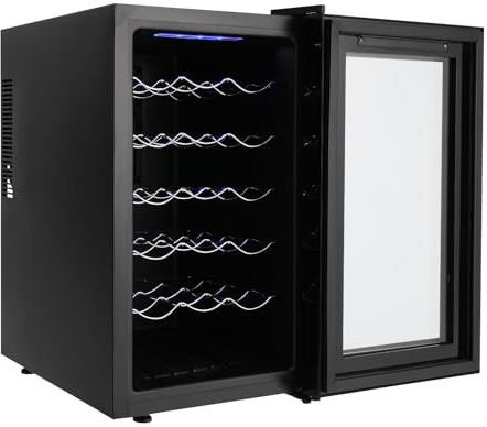 WooDerson Weinkühlschrank, 46L Kapazität für 18 Flaschen, Premium Edelstahl mit blauer LED-Beleuchtung, präzise Temperaturregelung 8-18℃, geräuscharm 38dB, modernes Design
