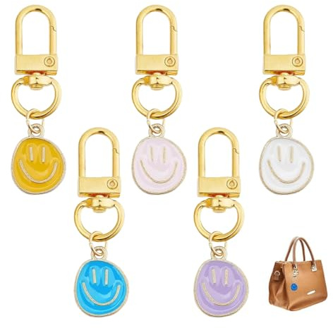UYVPAER 10 Stück Lächelndes Gesicht Schlüsselanhänger Emaille Ausdrucks Goldlegierung Schlüsselring Mit Lächelnden Anhängern Niedlicher Handtaschen Schlüsselanhänger(5 Farben)