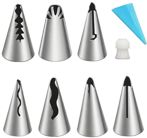 Spritztüllen Set, 9-teiliges Tortendekorationsset aus Edelstahl mit 7 Rüschentüllen, Spritzbeutel und Kupplung, für Rüschen, Wellen und Cremedekoration auf Kuchen und Cupcakes