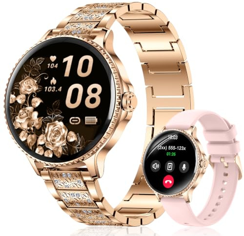Reloj Inteligente Mujer 1,27 Smartwatch Redondo con Llamadas Bluetooth, Frecuencia Cardíaca SpO2 Sueño, 120+ Modos Deportivos, IP68 Resistente al Agua, 2 Correas, Compatible con Android iOS, Oro Rosa