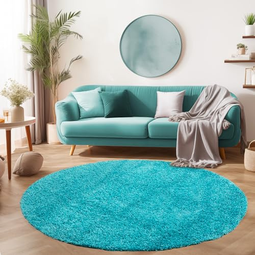 SIMPEX Shaggy Hochflor Teppich, 80 cm Rund, Türkis, weich, flauschig, modern, einfarbig, Für Eingangsbereich oder kleine Nischen, für Wohnzimmer Schlafzimmer Flur