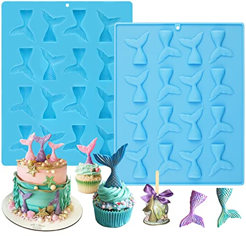 Sakolla Meerjungfrauenschwanz-Formen, Meerjungfrauen-Formen für Schokolade, Kuchendekoration, Süßigkeiten, Cupcakes, Harz, Gummibärchen (blau), 2 Stück
