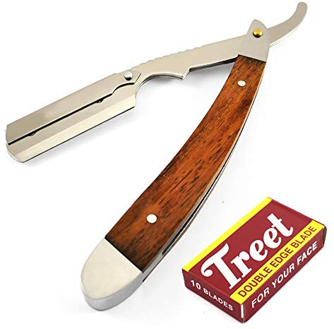 Professional Heavy Steel Hair Shaving Razor Straight Edge Brown Wood Handle Men Cut Throat Shaver + FREE Blades