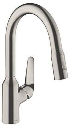 hansgrohe Küchenarmatur (Wasserhahn Küche 360° schwenkbar, ausziehbare Brause mit 2 Strahlarten, hoher Komfort-Auslauf 180mm, Standardanschlüsse) Edelstahl Finish