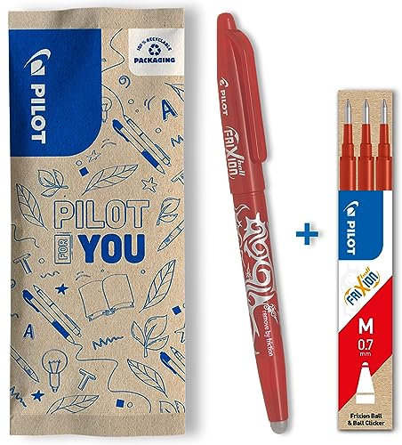 PILOT - FriXion Ball 0.7 Set - Radierbarer Tintenroller + 3er-Minen-Set - Nachfüllbarer Rollerball aus recyceltem Kunststoff - Angenehmes Schreibgefühl - Rot - Mittlere Spitze