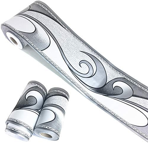 Generic YFCJ Tapetenbordüre, royales silbergraues Wellenmuster, Bordüre, abziehbare Wand-Deko, Decken-Aufkleber, Küche, Badezimmer, Wanddekoration, 10 cm x 10 Meter, Acrylic, Silber