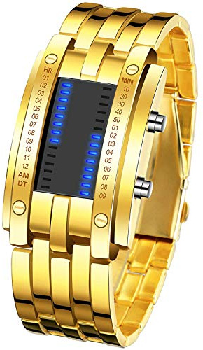 Fashion Mens Binary Sports Watch Digital LED Matrix Waterproof Outdoor Casual Black Bracelet Square Blue Backlit Watches, Gold, military