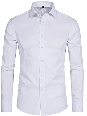 DELCARINO Men's Long Sleeve Button Up Shirts Solid Slim Fit Casual Business Formal Dress Shirt White Small