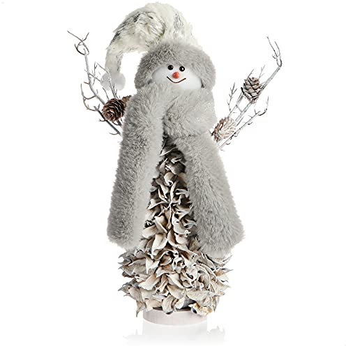 com-four® Schneemannfigur Größe L Premium, winterliche Dekofigur mit Zapfenkörper aus Blättern, Handmade liebevolle Handarbeit, hinreißende Tischdeko für die Adventszeit (weiß - L)