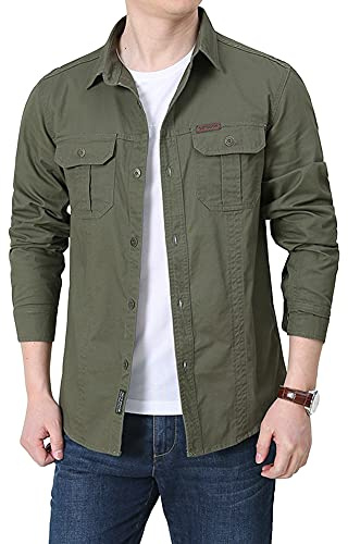 DAIHAN Camicia Casual da Uomo Button Down Manica Lunga Camicie Militari Camicia da Lavoro Giacca Militare Classica Cappotto Leggero Autunnale Giaccone Casual Tempo Libero,Verde Militare,L