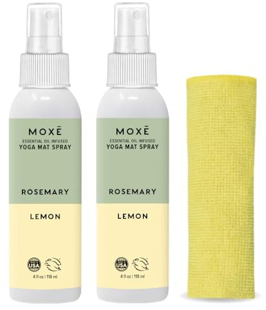 MOXE Yoga Mat Cleaner Spray, Rosemary & Lemon Essential Oil, Safe for All Mats & Exercise Equipment, Odor & Sweat Protection, Includes Microfiber Cleaning Towel, Green America Certified, 4 Oz (2 Pack)