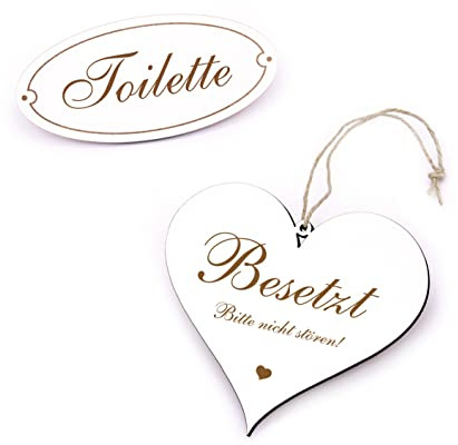 Toilettenschild 2 Türschilder im Set | Toilette Schild Oval selbstklebend + Schild Herz Besetzt, Bitte nicht stören! graviert Vintage WC Holzschild