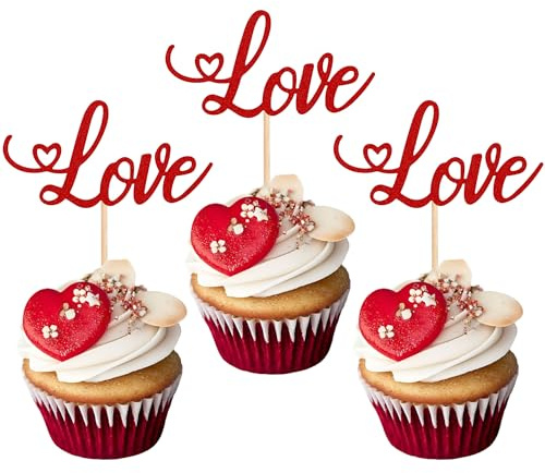 24 Stück Love Valentine's Day Cupcake Toppers rot Glitter Herz Süße Liebe Muffin Dekoration Dekorationen für Valentinstag Thema Hochzeit Braut Dusche Geburtstag Party Kuchendekoration