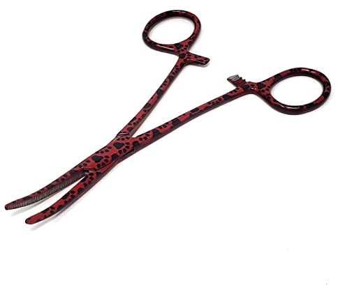 Pinze curve per peli di orecchie e naso per cani e animali domestici, per toelettatura emostatico, pinze curve, 14 cm, morsetti completamente seghettati in acciaio inox (zampe rosse)