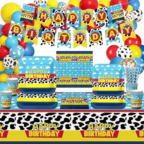 Geburtstagsparty-Dekorationen, inklusive Banner, blauer Himmel-Tischdecke, Luftballons, Pappteller, Servietten, Pappbecher, Geburtstagszubehör für Kinder, Jungen, Mädchen, Geburtstagsparty