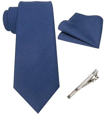 JEMYGINS Herren Retro Baumwollmischung Krawatte mit Einstecktuch und Krawattenklammer Set,Marineblau