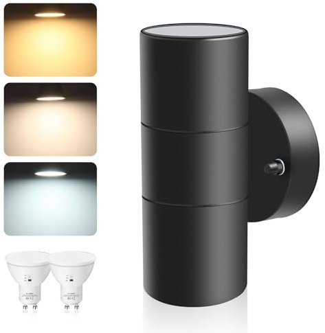 ALUSSO LIGHTING LED Aussenlampe Innen/Außen Edelstahl Up Down Wandleuchte, Außenlampe inkl. 2x 8W GU10 Glühbirnen 750LM 3000K/4000K/6000K Außenleuchte, Wandlampe IP65 Wasserdicht für Garten, Schwarz